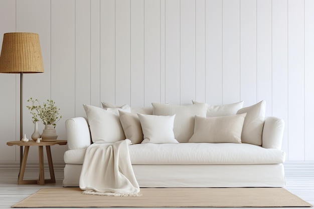 A white interior decor within a house featuring a sofa table lamp and carpet