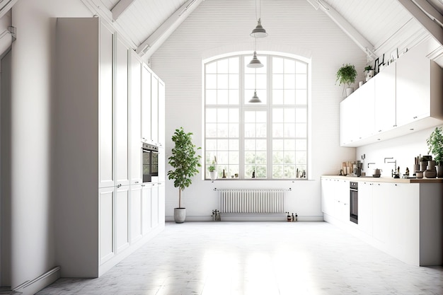 White interior of empty loft kitchen with large wide window and accessories on floor