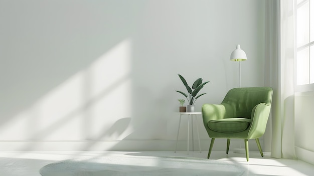 White interior with kale green chair rug and small table Generative AI