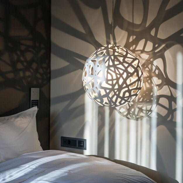 Photo a white intricate pendant lamp casts shadows on a white bed and wall in a modern bedroom