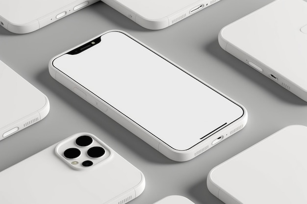 A white iphone with a blank screen sits on top of many white iphones.