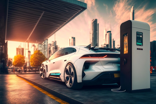 A white jaguar electric car is parked at a gas station.