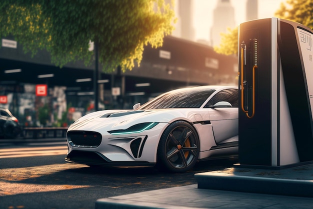 A white jaguar f - pace car is parked in the street in front of a gas station.