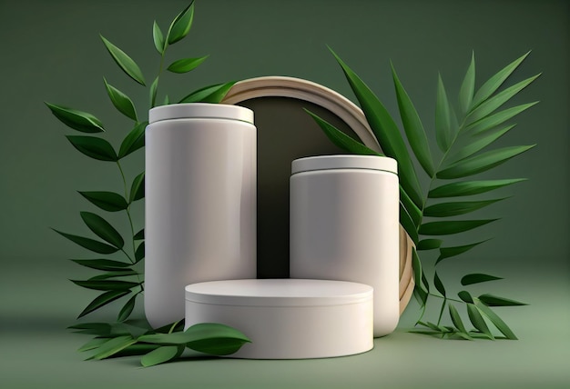 White jar of cream on a stand on a green background with tropical leaves Stylish look of the product mock up identity AI Generated