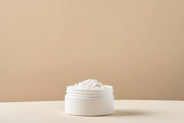 A white jar of powder on a table