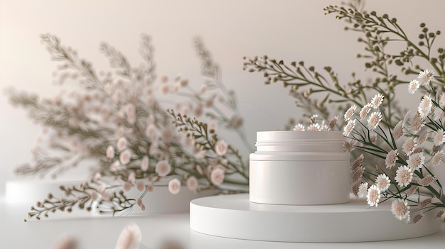 A white jar with flowers on a white table next to a white wall and a white shelf with a white vase