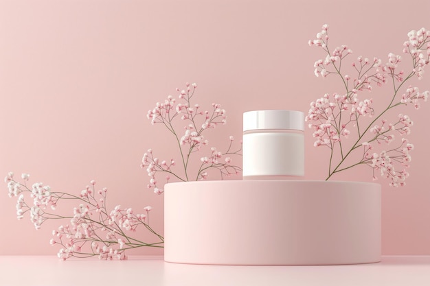 Photo a white jar with pink flowers is on a pink pedestal