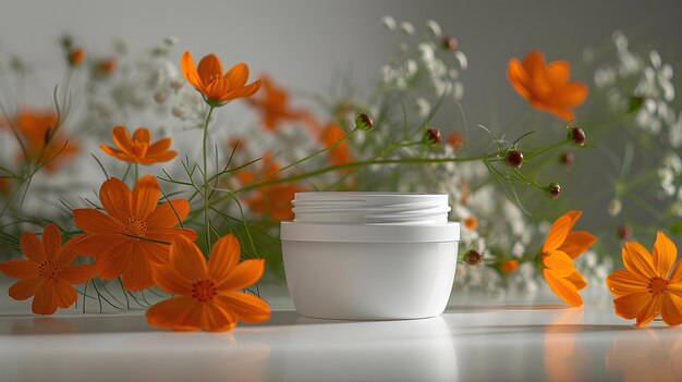 A white jar with a white lid and some orange flowers on a table with a white background and a white