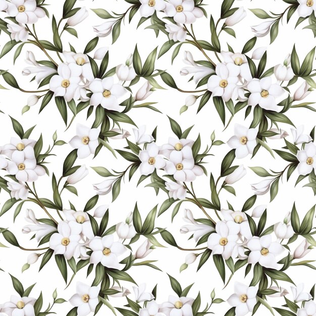 White Jasmine Flower Floral Seamless Pattern on White Background