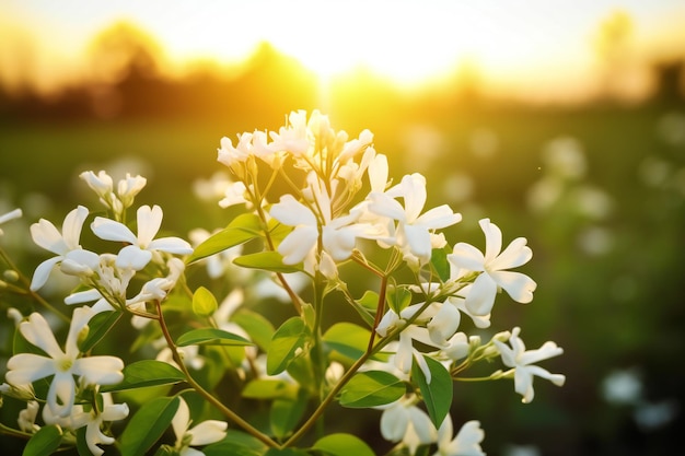 White Jasmine flowers blooming in the garden with sunset background