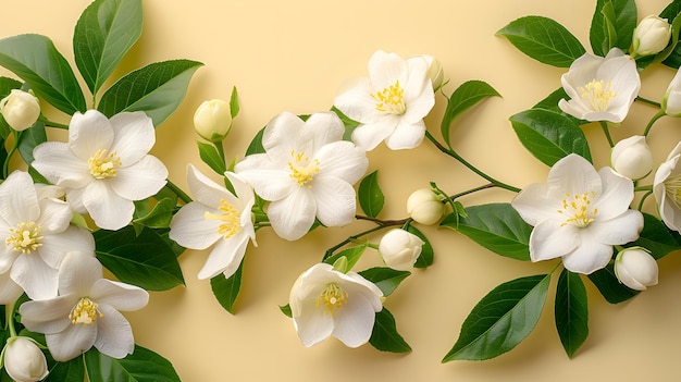 White jasmine flowers with green leaves pale yellow background delicate floral arrangement top borde