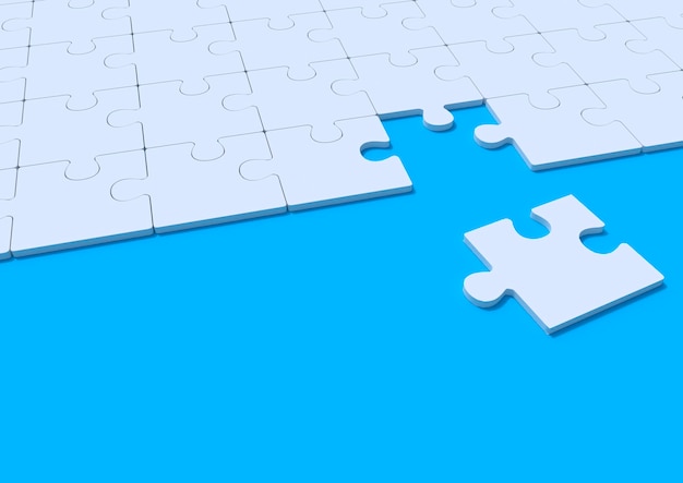 White jigsaw puzzle on blue background with copy space Connected blank puzzle pieces 3D render