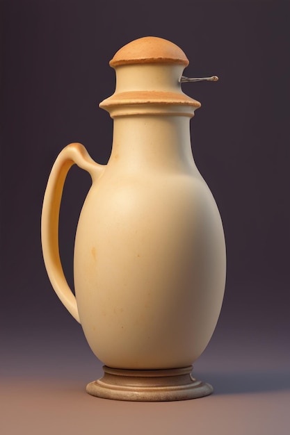 A white jug with a cork in the middle that has a hole in it.