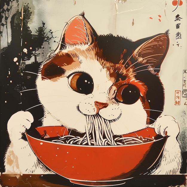 White kawaii kitty are happy to eat ramen noodles Asian style illustration Design poster for menu re