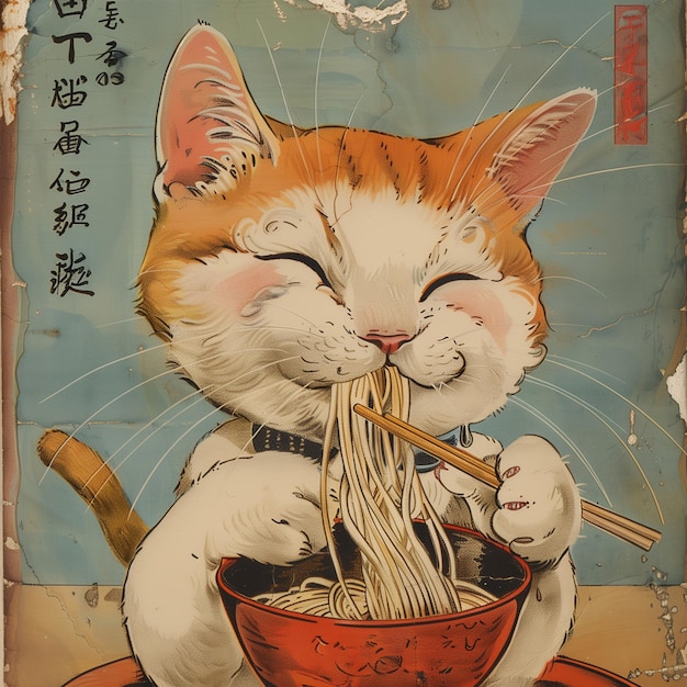 White kawaii kitty are happy to eat ramen noodles Asian style illustration Design poster for menu re