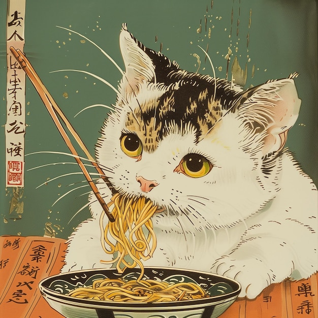 White kawaii kitty are happy to eat ramen noodles Asian style illustration Design poster for menu re