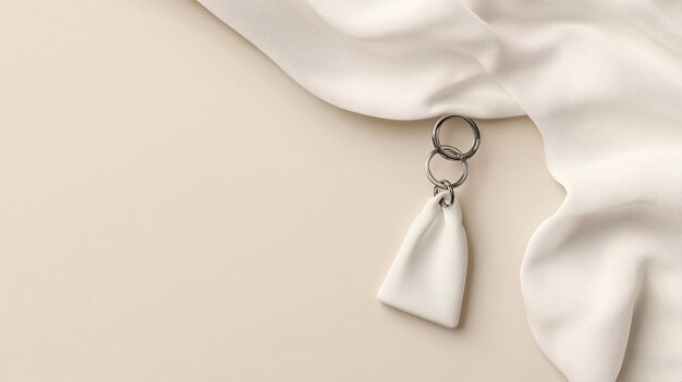 Photo white key chain mockup lying on neutral beige background with soft drapery