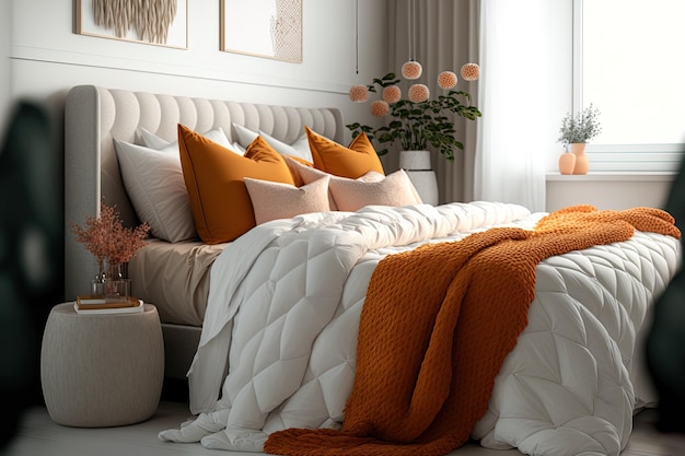 White king size bed with orange pillows in stylish womans bedroom