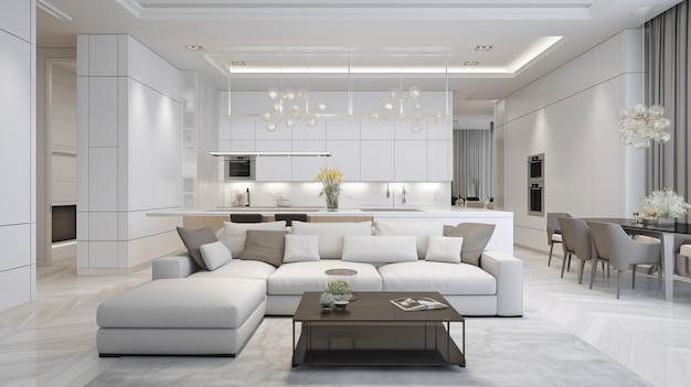 White kitchen and living room with luxurious interior design Generative AI and an open floor plan