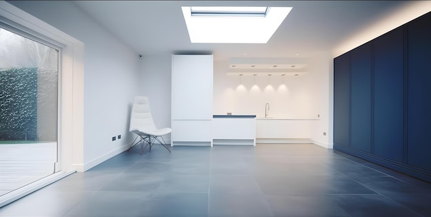 A white kitchen with a skylight above it