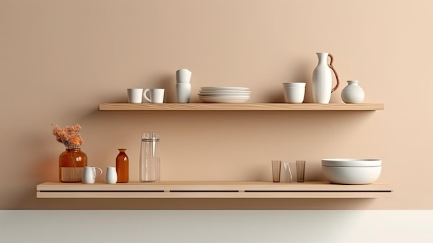 a white kitchen with wooden counter top with wooden racks