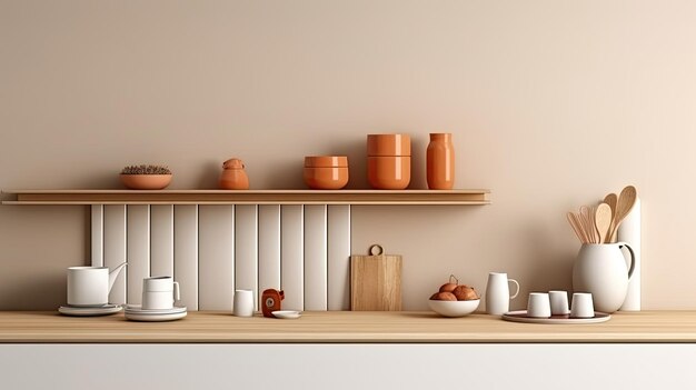 a white kitchen with wooden counter top with wooden racks