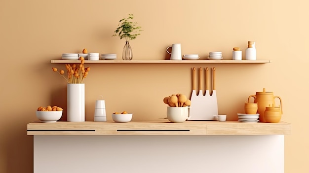 a white kitchen with wooden counter top with wooden racks