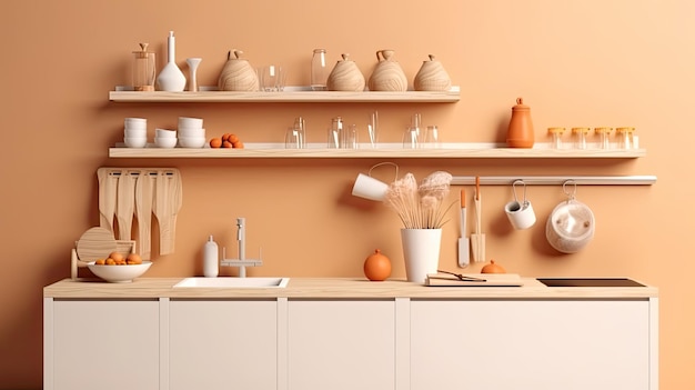 a white kitchen with wooden counter top with wooden racks