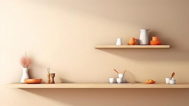 a white kitchen with wooden counter top with wooden racks