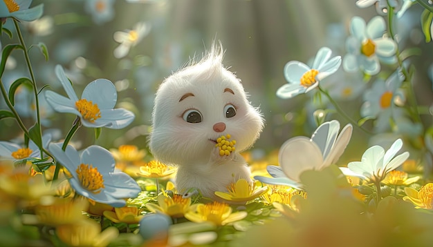 a white kitten is sitting in the grass with flowers and a butterfly