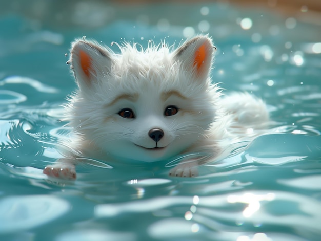 a white kitten is swimming in the water