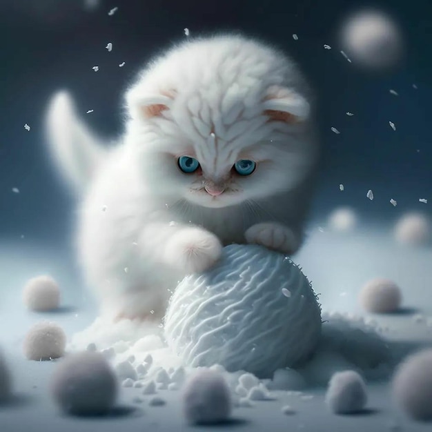 A white kitten plays with a snowball.