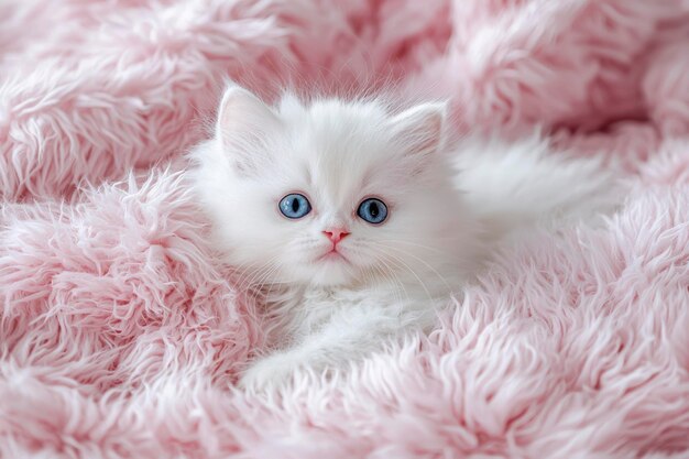 Photo white kitten resting on a pink furry blanket