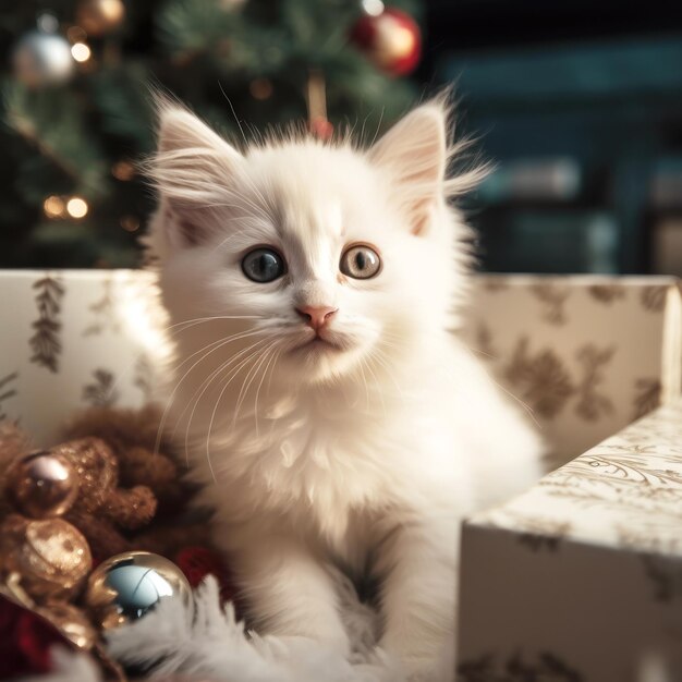 A white kitten sits on a box with Christmas lights behind it Generative AI