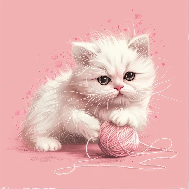 Photo a white kitten with a ball of yarn in front of it