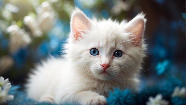 A white kitten with blue eyes is lying in a bed of blue and white flowers