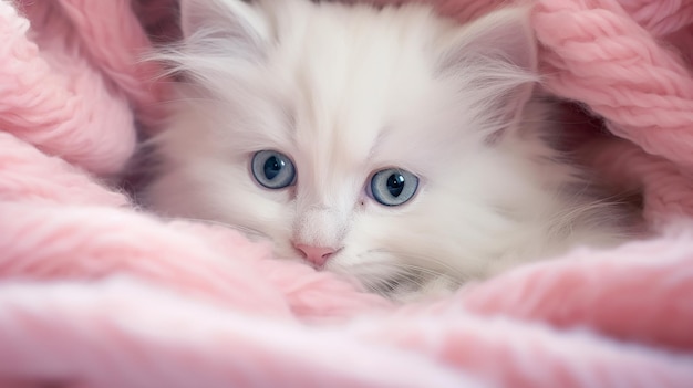 Photo a white kitten with blue eyes and a pink blanket