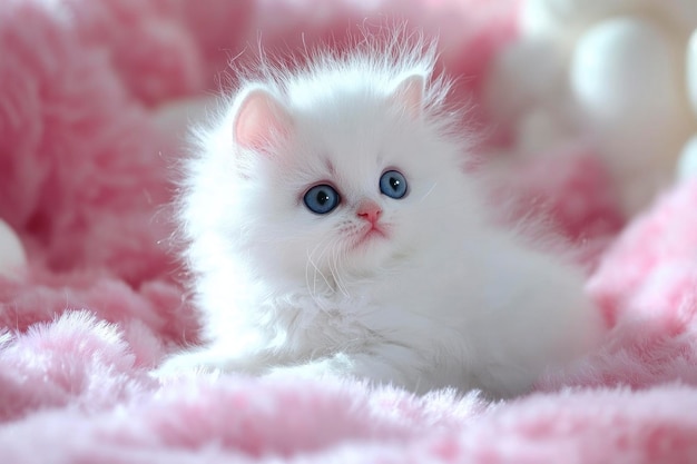 Photo white kitten with blue eyes on pink furry blanket