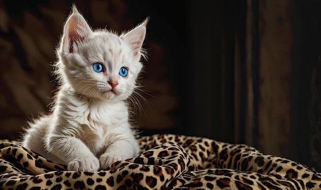 a white kitten with blue eyes sits on a blanket