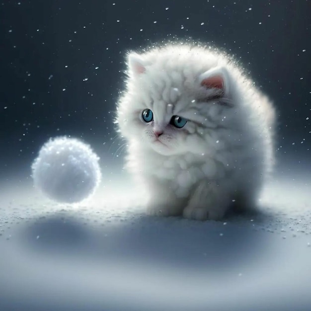 A white kitten with blue eyes and a snowball on it.