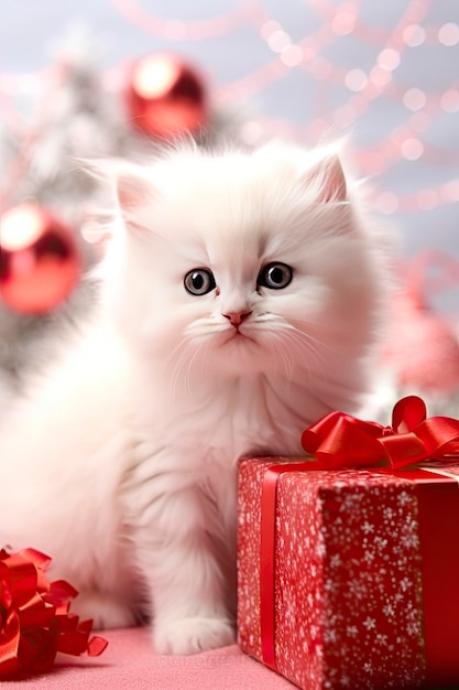 White kitten with Christmas gifts on the background of the Christmas tree closeup Generative AI