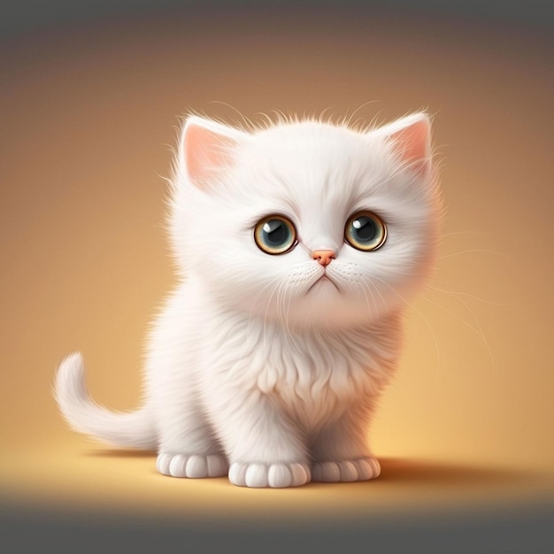 A white kitten with green eyes is sitting on a brown background.