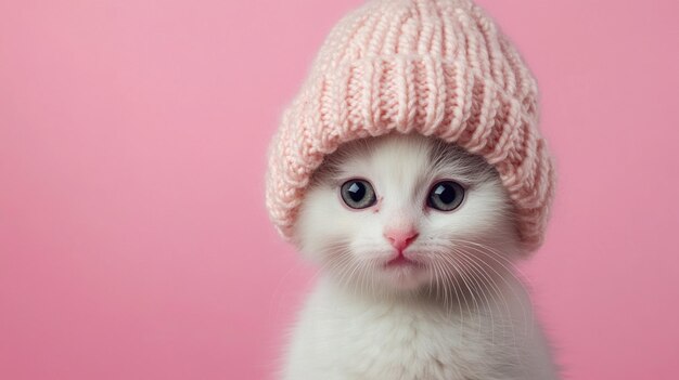 a white kitten with a pink hat on its head