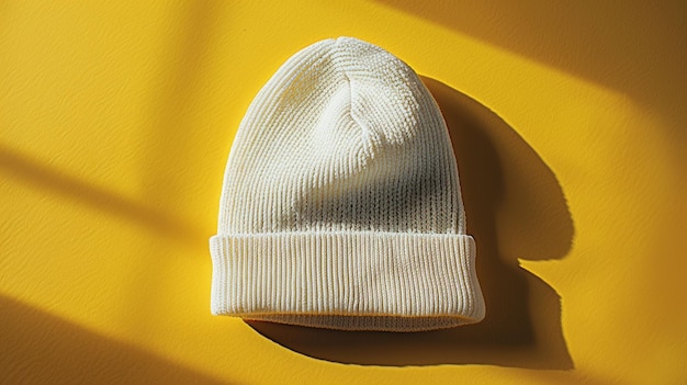 A white knit hat is sitting on a yellow surface