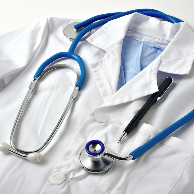 a white lab coat with a blue stethoscope on it