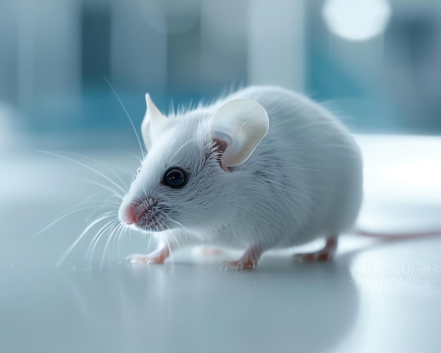 White lab mouse in biotech facility with blurred background perfect for scientific research text