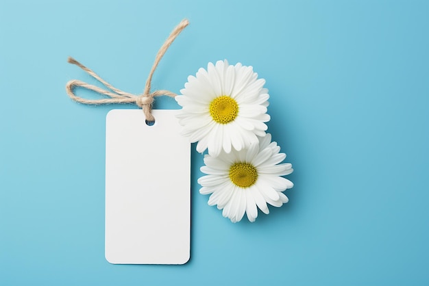 A white label with some daisies on a blue background