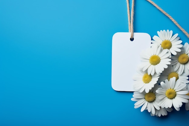 A white label with some daisies on a blue background