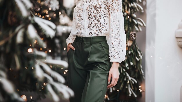 Photo white lace blouse worn with tailored pants a women