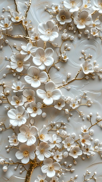 a white lace covered in gold and white flowers